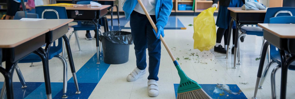 Reinigungskraft kehrt Schmutz in einem Klassenzimmer – sichere und hygienische Schulreinigung für Kinder in Bochum
