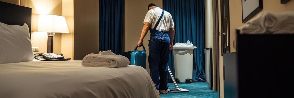 Reinigungskraft saugt Teppich in modernem Hotelzimmer – gründliche Zimmerreinigung für erstklassigen Gästeservice